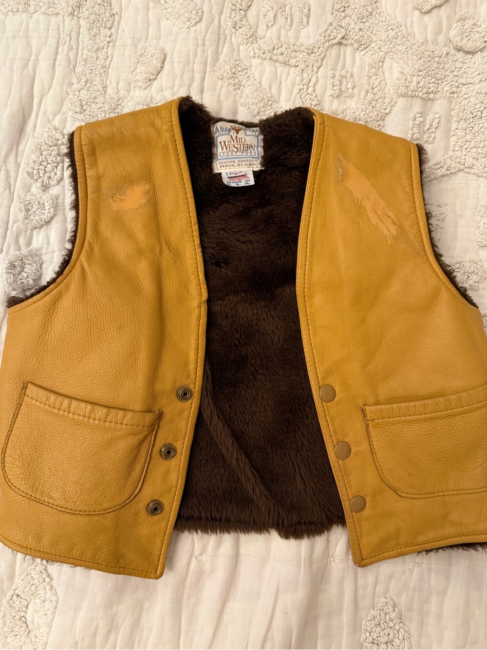 Vintage Mustard Yellow Leather Vest with Brown Faux Fur Lining